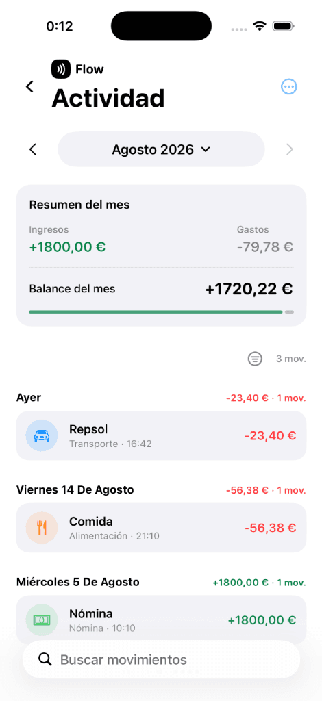 Historial de movimientos y control de gastos en la app Flow para iPhone