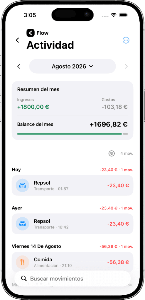 Historial de movimientos y control de gastos en la app Flow para iPhone