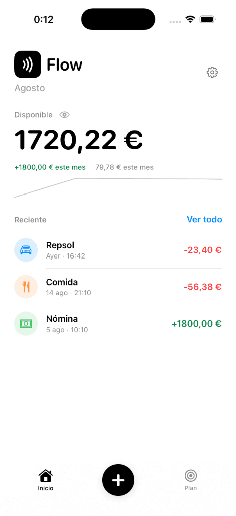 Dashboard principal de Flow para gestionar finanzas personales en iPhone
