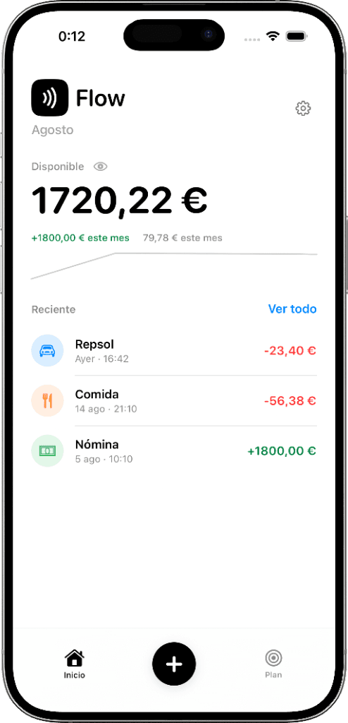 Dashboard principal de Flow para gestionar finanzas personales en iPhone